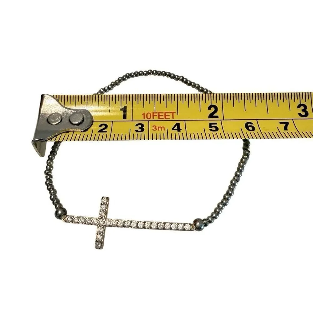 Minimalist Rhinestone Cross Beaded Bracelet Silver-tone Stretch Bracelet